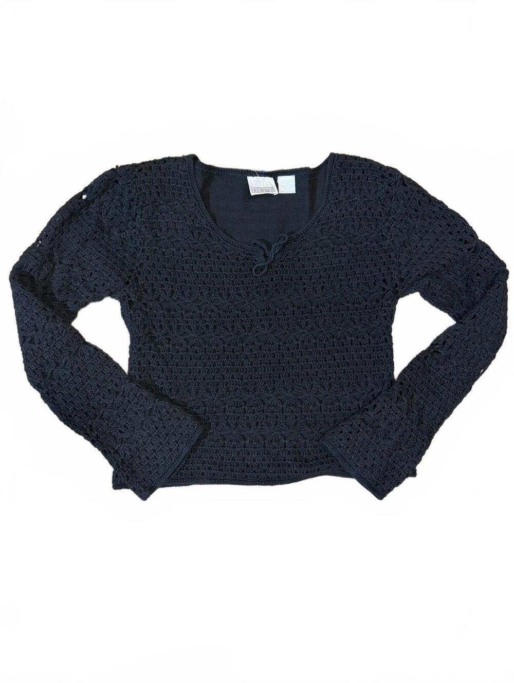 Moda Int’l Crochet Knit Blouse Womens XS Tie-Neck Sheer Lined Crop